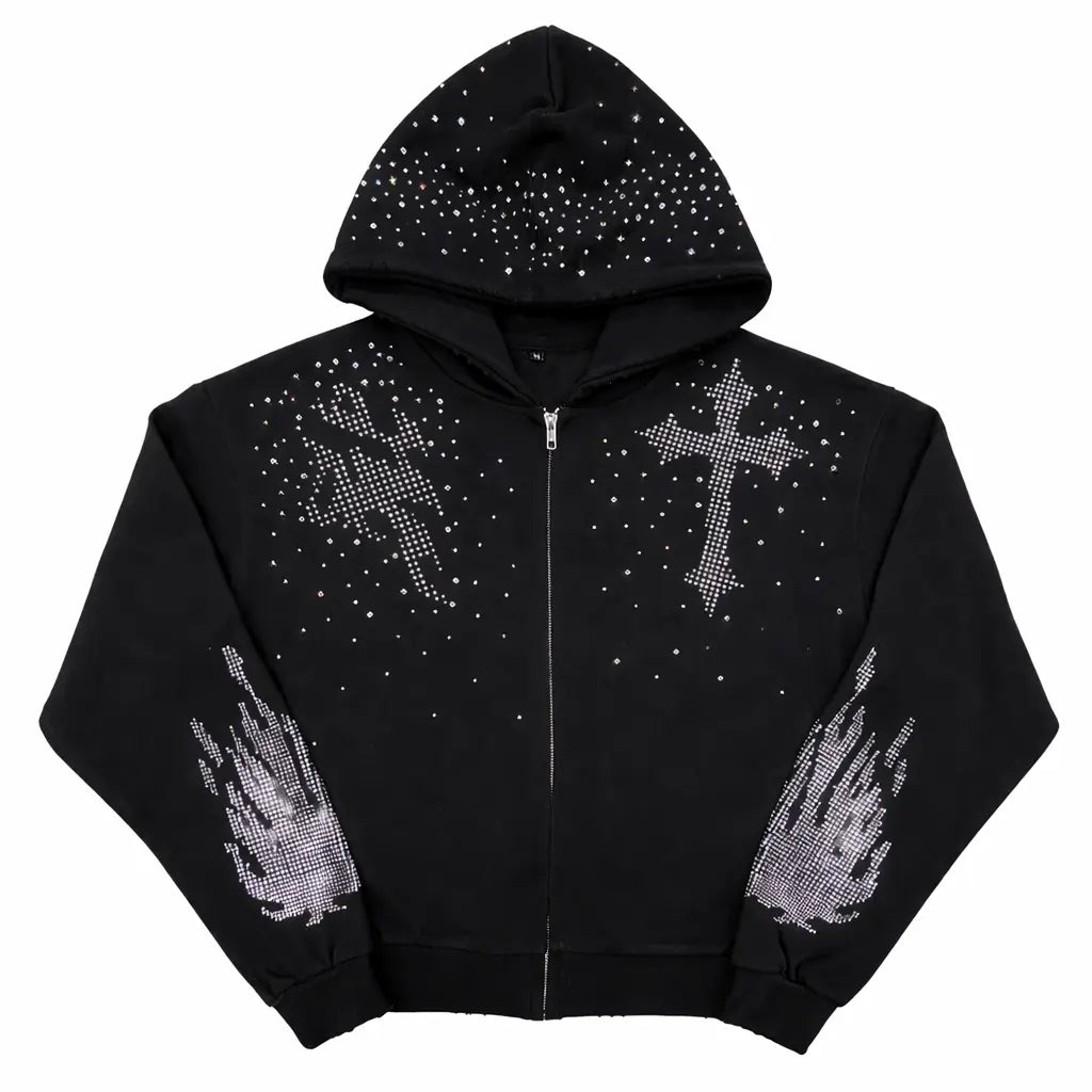Black rhinestone zip-up hoodie by RetailPlug, oversized Y2K vintage streetwear unisex hoodie with sparkling rhinestone details.