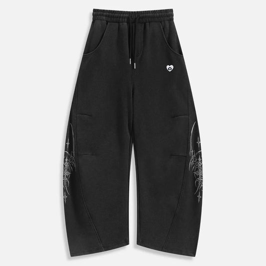 Aelfric Eden Blade baggy barrel sweatpants with gothic floral side print, elastic waist, drawstring, unisex streetwear joggers.
