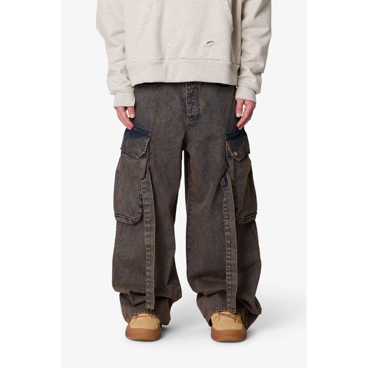 Mnml washed cargo pants in neutral tones, featuring multiple pockets and relaxed fit, displayed on a hanger.