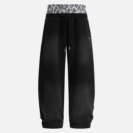 Aelfric Eden unisex baggy sweatpants with wide-leg fit, leopard print, double waist layers, casual streetwear joggers.