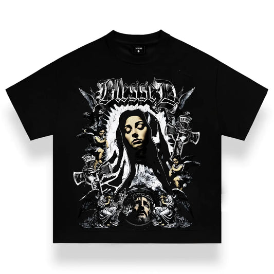 Vintage graphic tee from RetailPlug featuring gothic-inspired Blessed design, oversized fit, perfect for grunge and Y2K streetwear style.